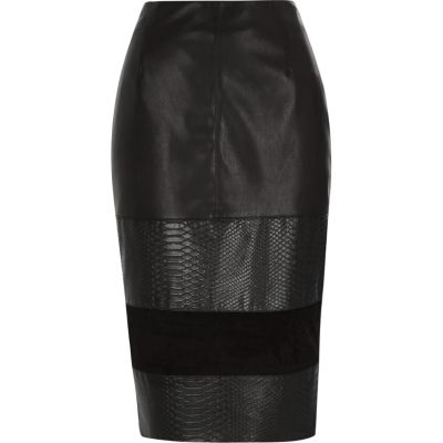 Black blocked leather-look pencil skirt
